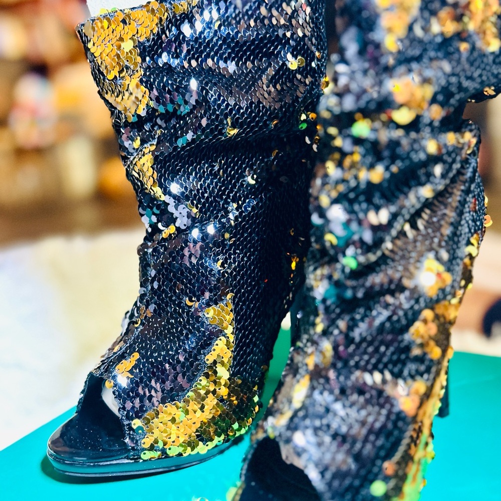 Sequin Peep-Toe Boots